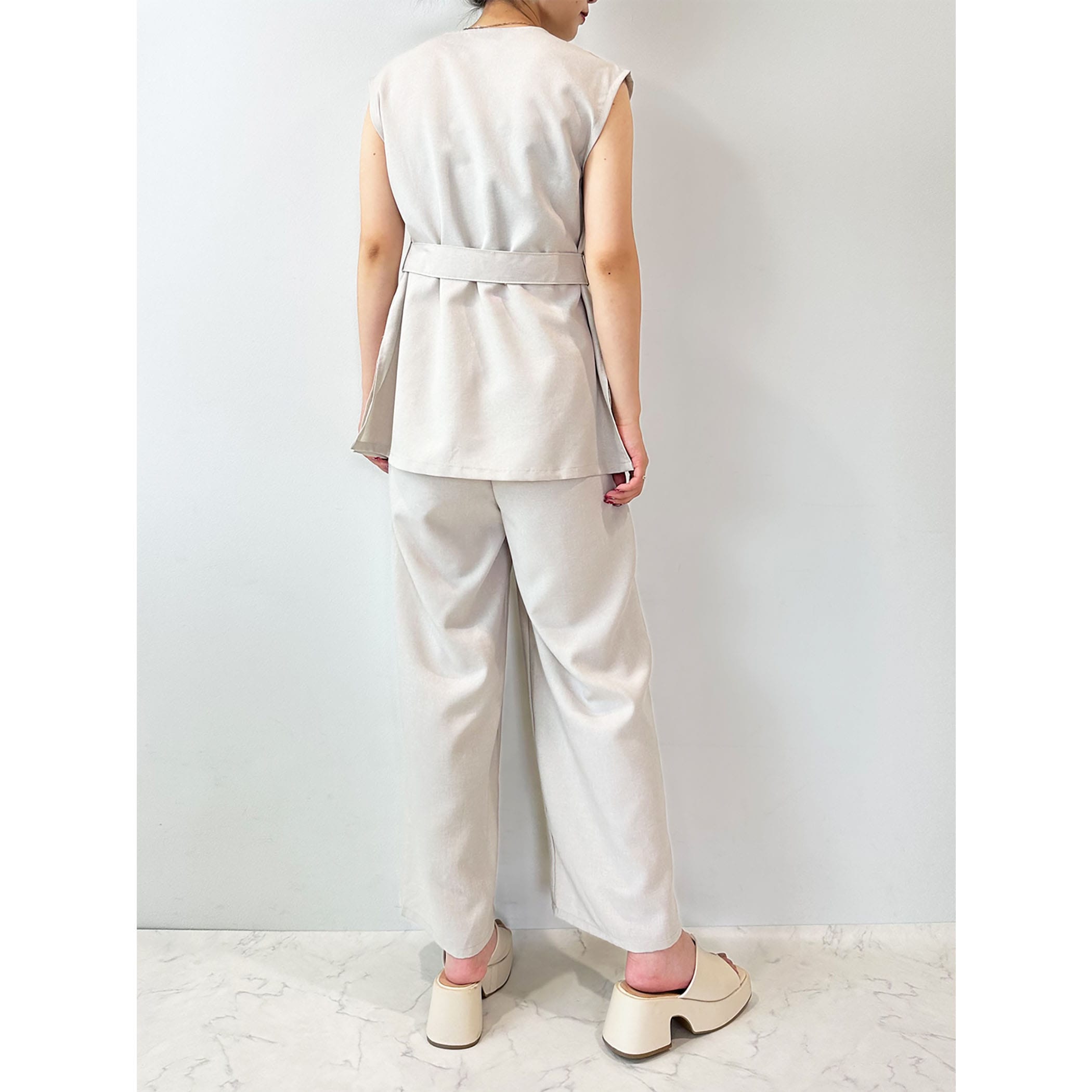 リネンライクベルト付きジレxワイドパンツセットアップ|セットアップ