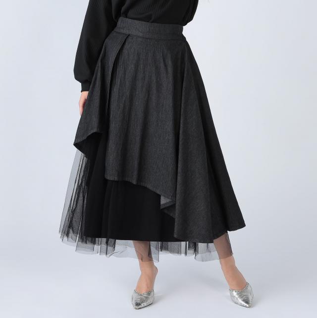 チュールレイヤードデニムフレアスカート