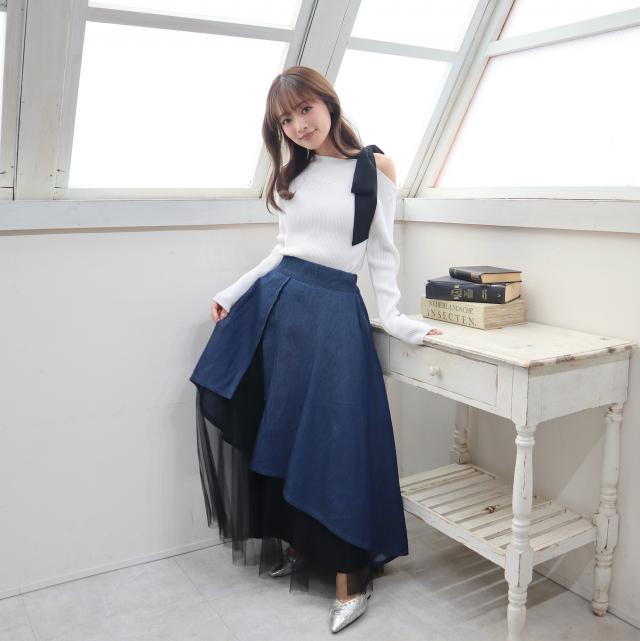 チュールレイヤードデニムフレアスカート