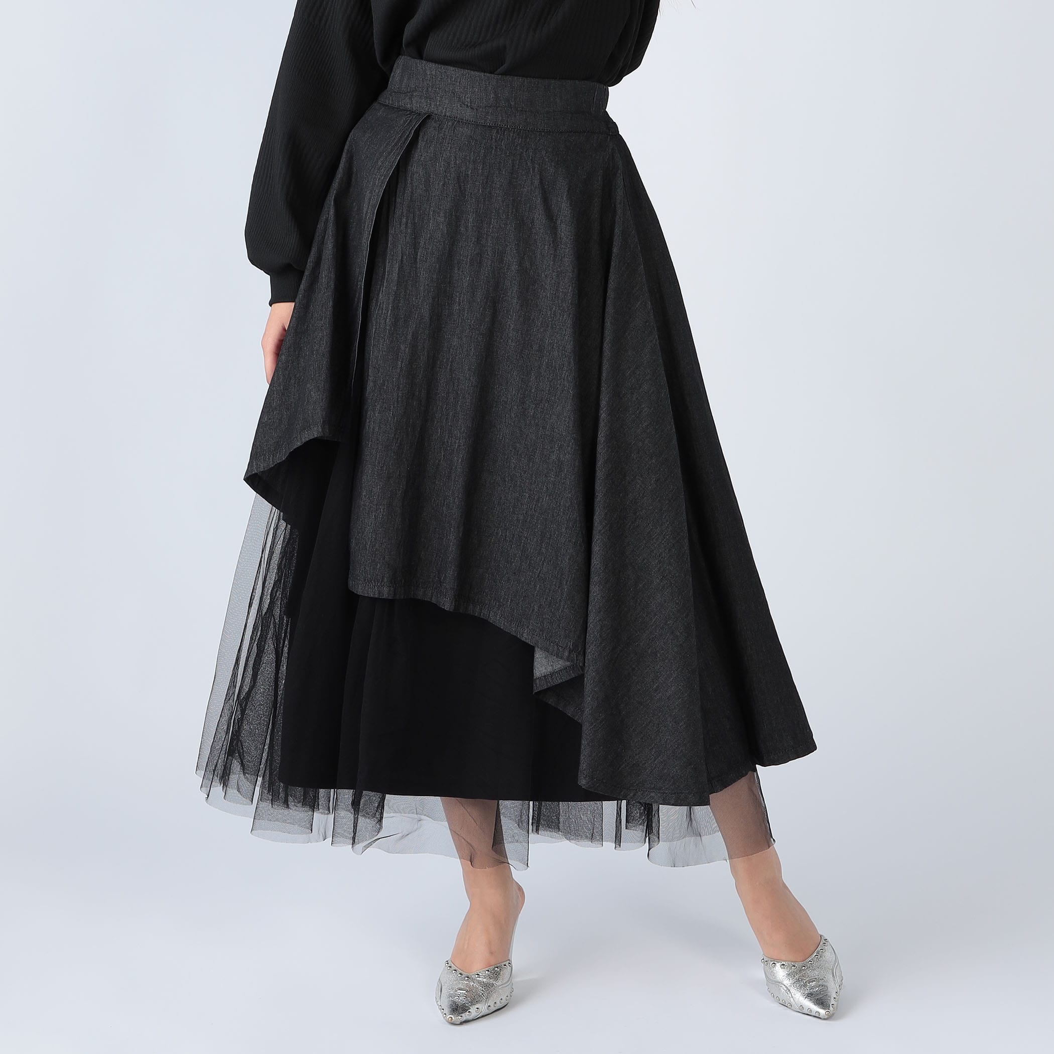 チュールレイヤードデニムフレアスカート