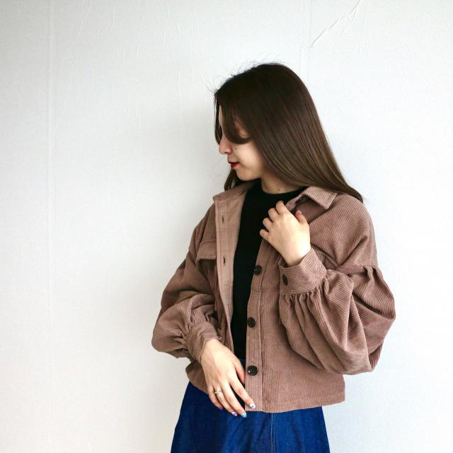 袖ギャザーコーデュロイ短丈シャツ