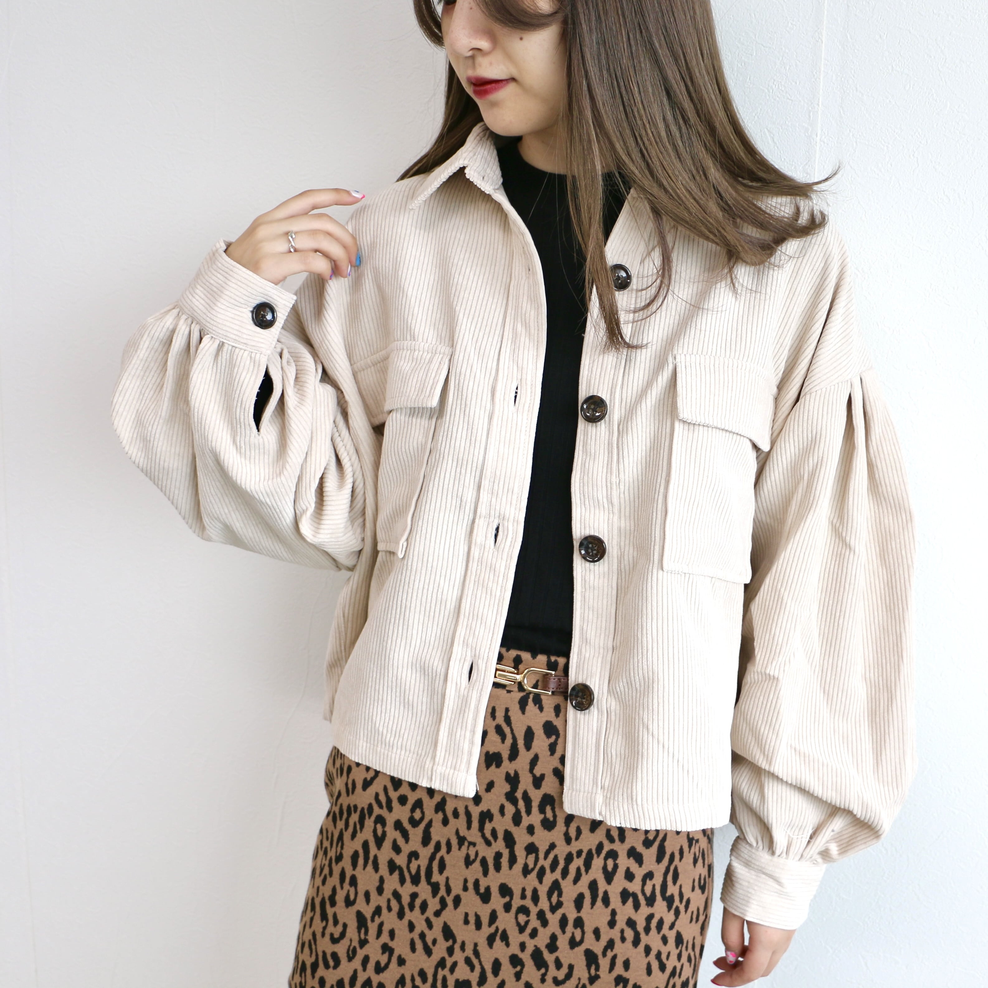 袖ギャザーコーデュロイ短丈シャツ