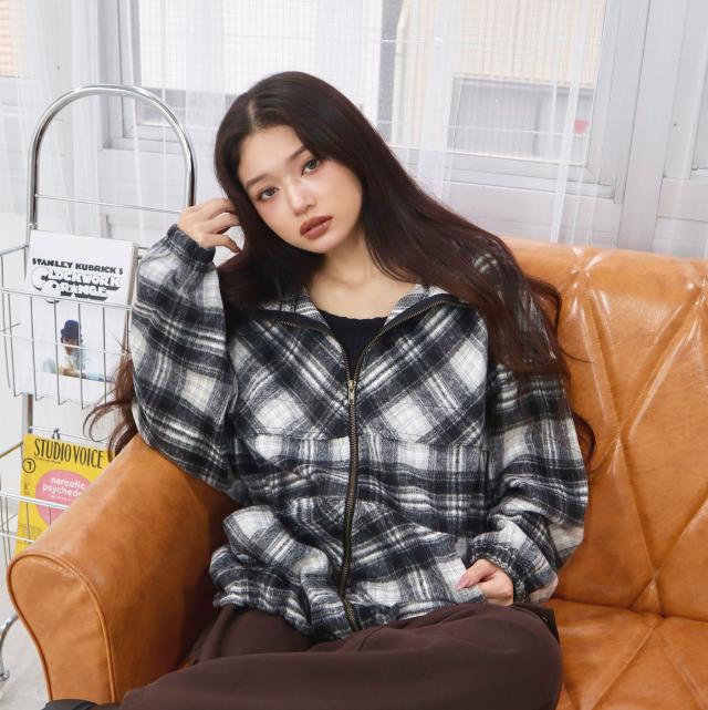 Fウールチェック柄フーディーブルゾン