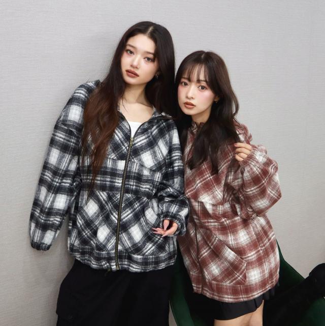 Fウールチェック柄フーディーブルゾン