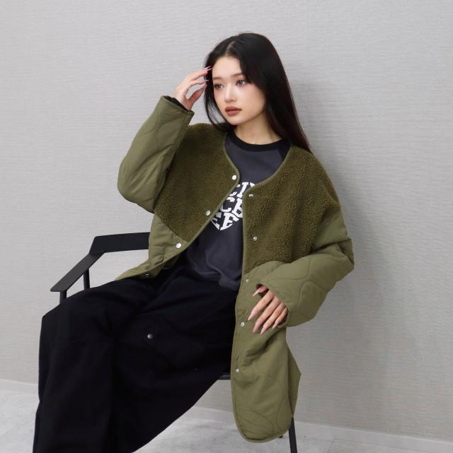 ボアｘウェーブキルト切替ノーカラーコート