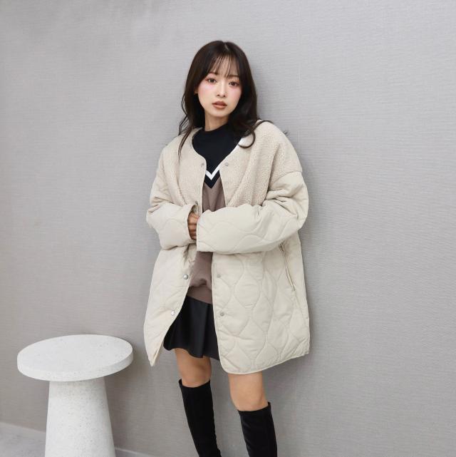 ボアxウェーブキルト切替ノーカラーコート ボアxウェーブキルト切替ノーカラーコート