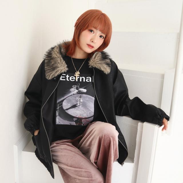 ファーティペット付きフェイクレザーブルゾン
