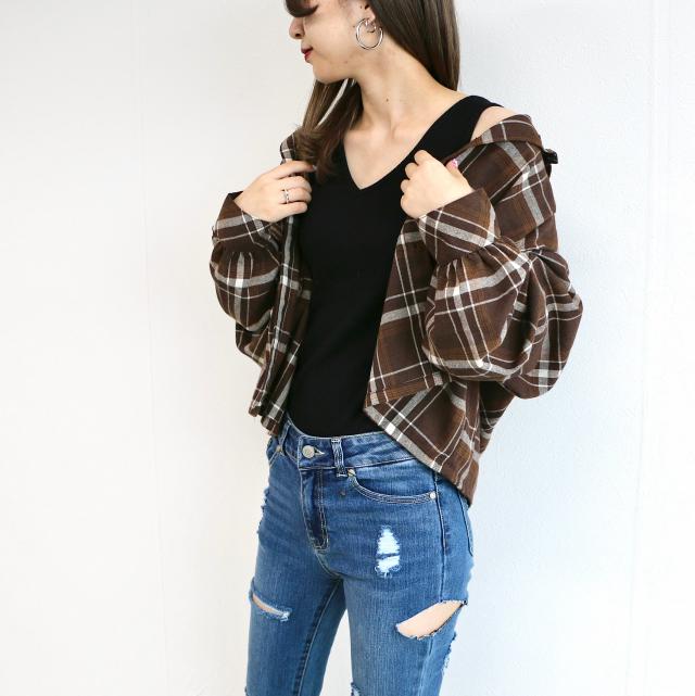 ショート丈チェックシャツ