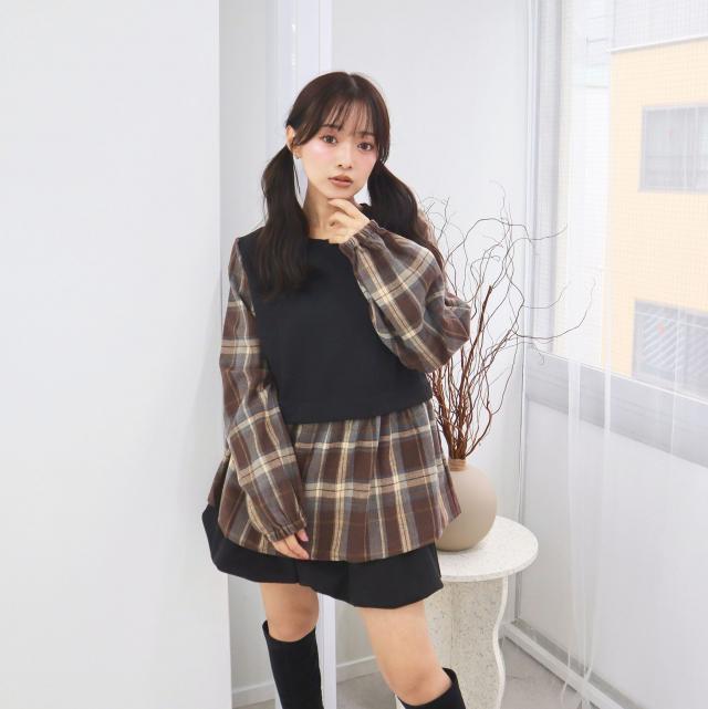 ふくれジャガードベストドッキング風トップス