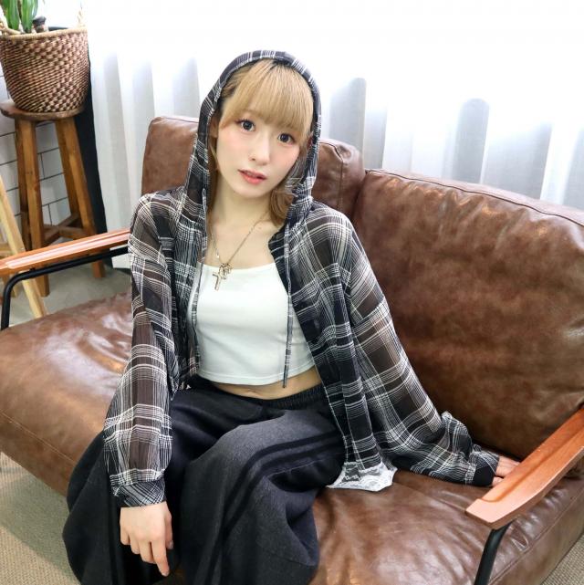 裾レースチェック柄フーディーシャツ 裾レースチェック柄フーディーシャツ