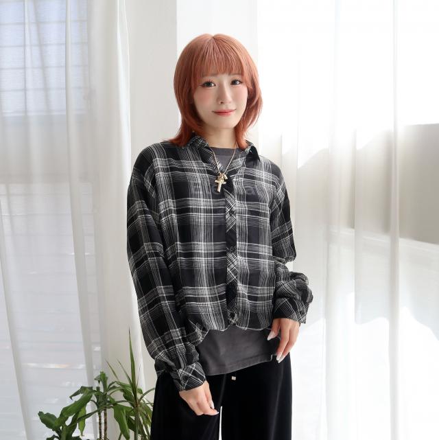 裾タックチェック柄スキッパーシャツ