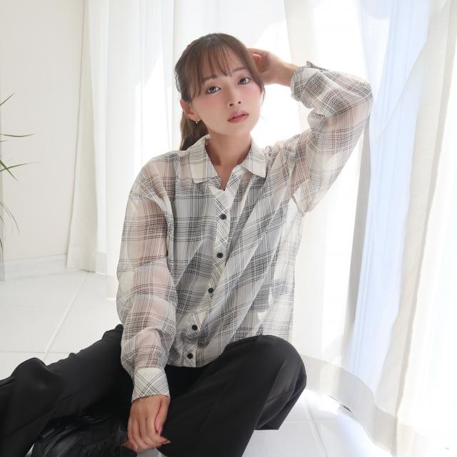 裾タックチェック柄スキッパーシャツ