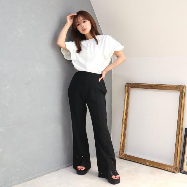 ラインストーン付カットフレアパンツ