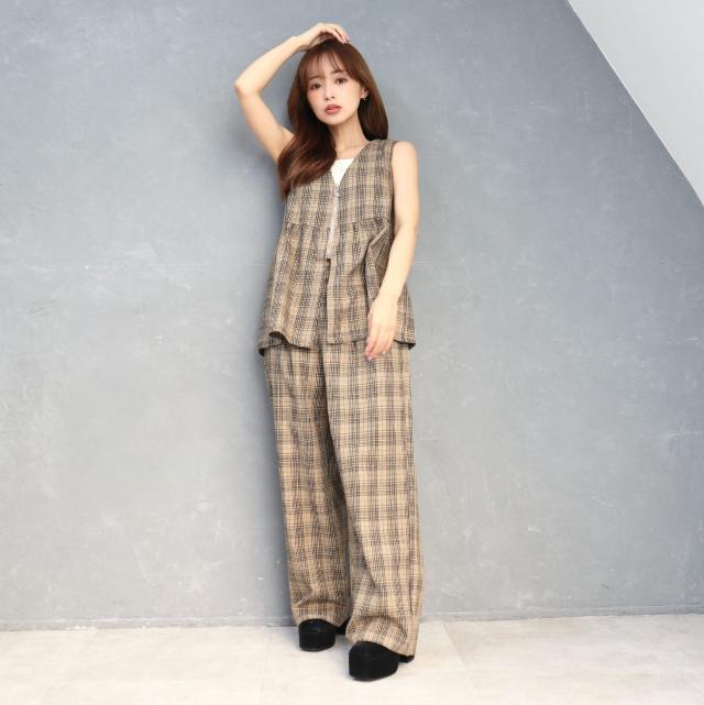 チェック柄フロントZIPベストセットアップ