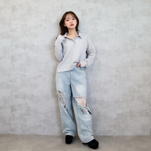 レースダメージデニムワイドパンツ