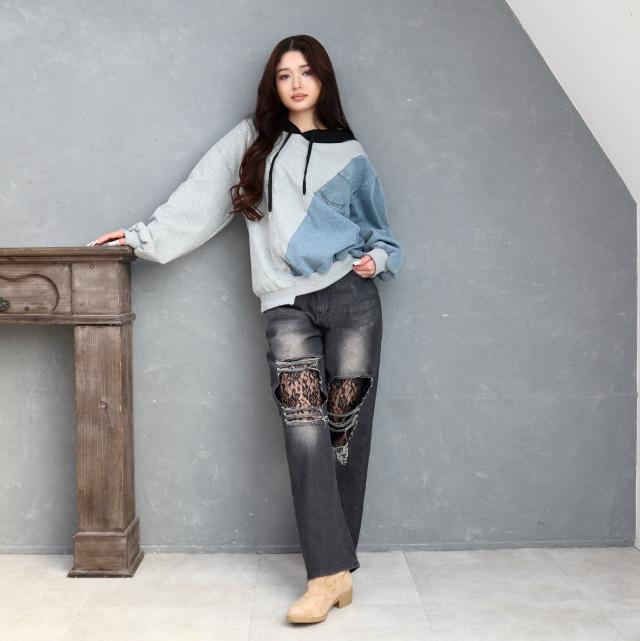 レースダメージデニムワイドパンツ レースダメージデニムワイドパンツ