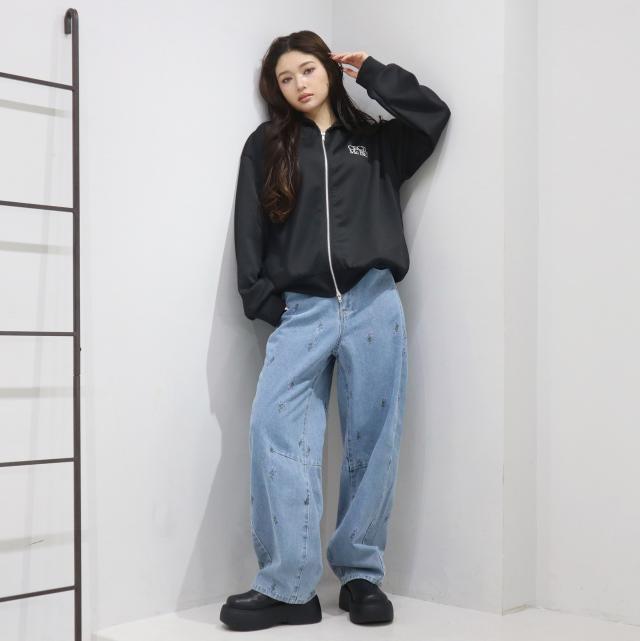 9.5ozデニム総刺繍カーブパンツ