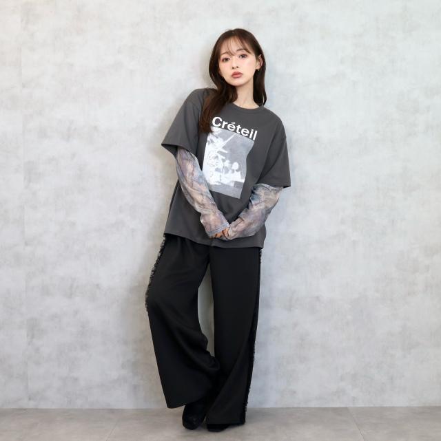 カットツイルサイドフリルワイドパンツ