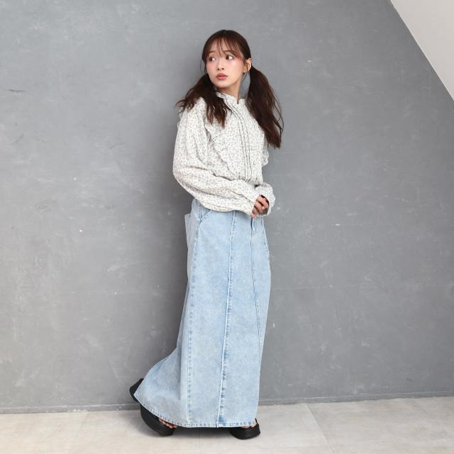 9.5ozデニムフロントフリンジロングスカート