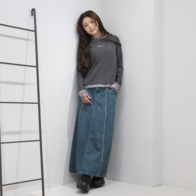 9.5ozデニムフロントフリンジロングスカート 9.5ozデニムフロントフリンジロングスカート