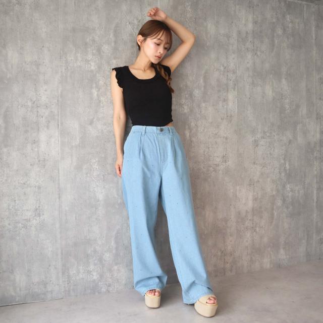 ラインストーン付きライトオンスデニムパンツ
