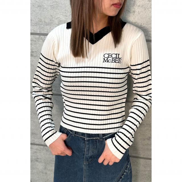 ロゴ刺繍スキッパーリブニットプルオーバー
