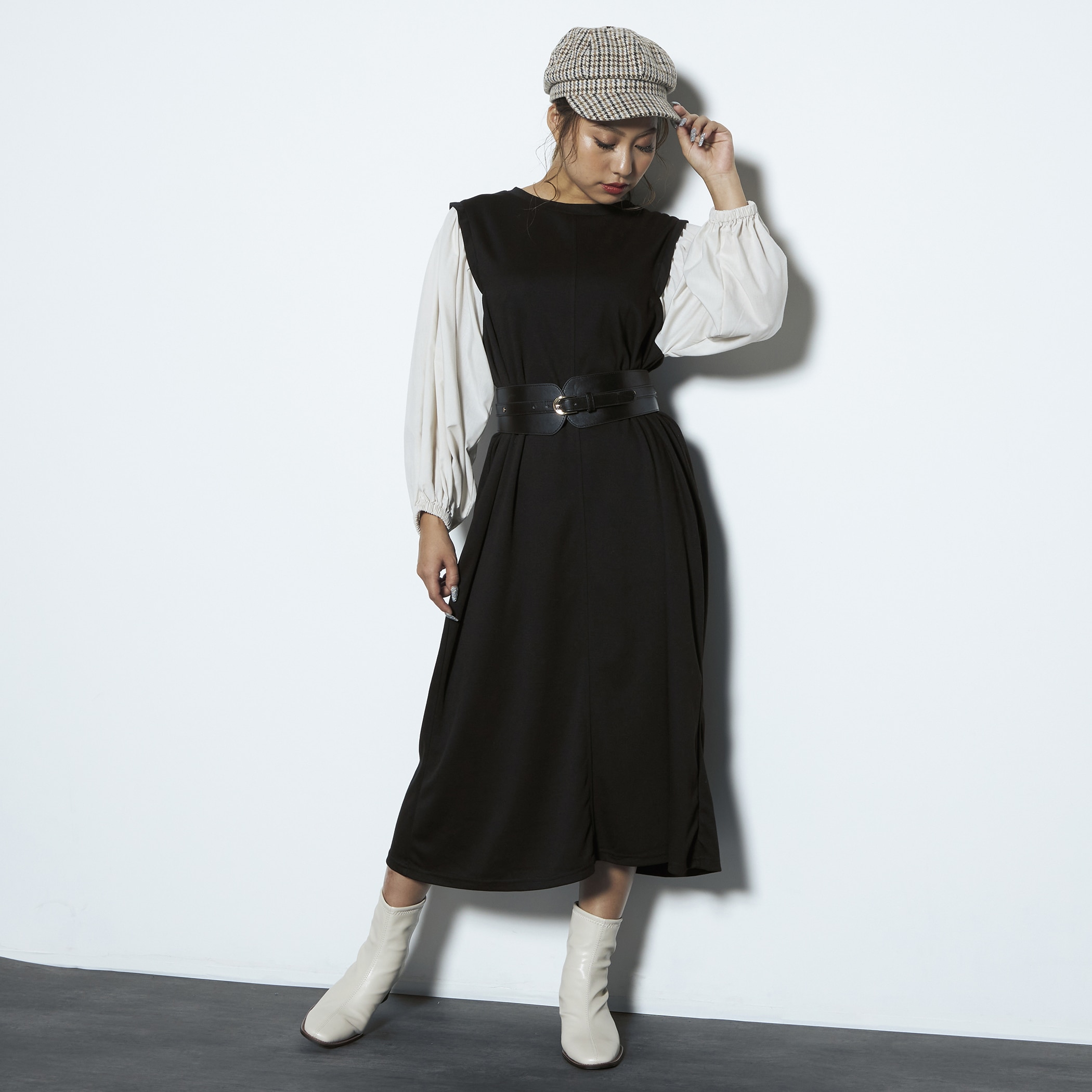 異素材切替ウイングショルダーワンピース