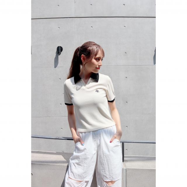 バイカラーポロリブプルオーバー