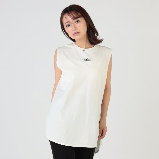 ワンポイント刺繍ロゴラウンドヘムノースリーブカットソー