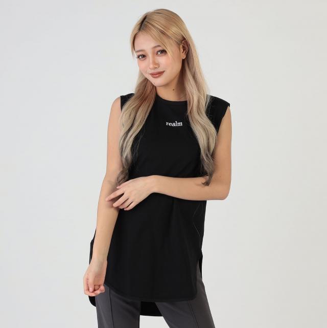 ワンポイント刺繍ロゴラウンドヘムノースリーブカットソー