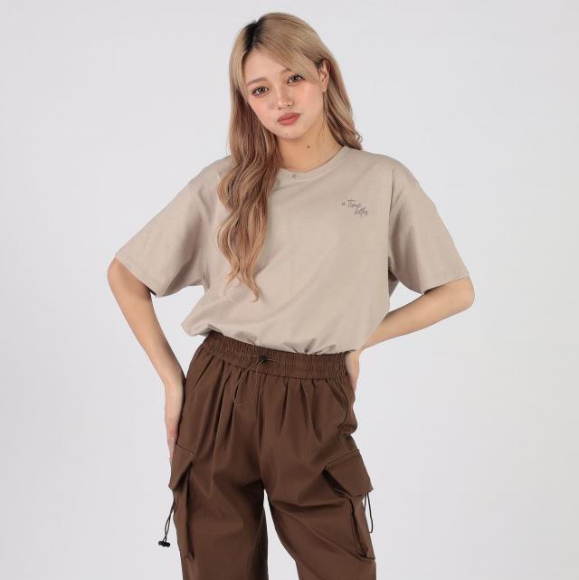 バックレタリングプリント刺繍Tシャツ