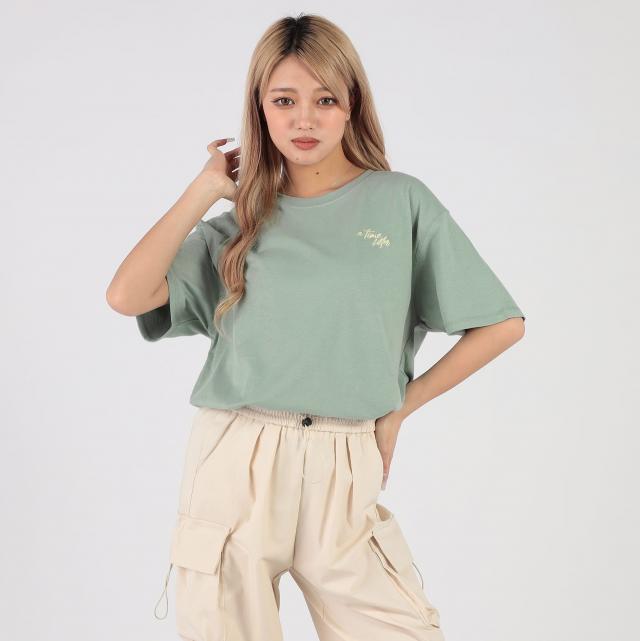 バックレタリングプリント刺繍Tシャツ