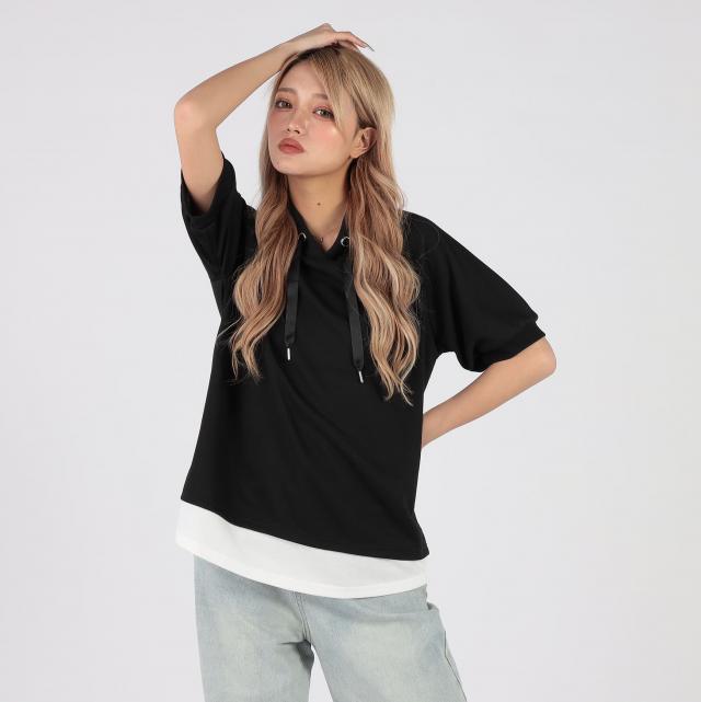 フェイクレイヤードスタンドカラー半袖プルオーバー