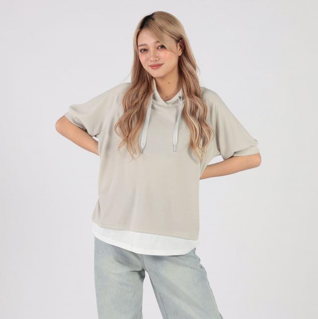フェイクレイヤードスタンドカラー半袖プルオーバー