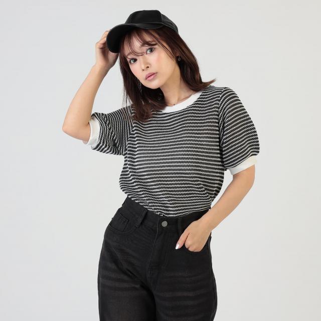 かぎ針風ボーダートップス