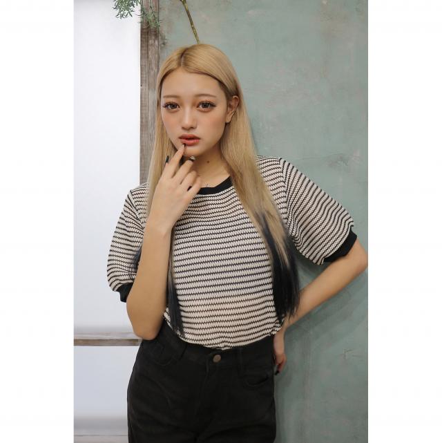 かぎ針風ボーダートップス