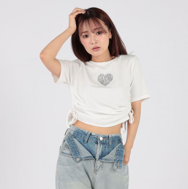 ラインストーンロゴドロストクルーネックTシャツ