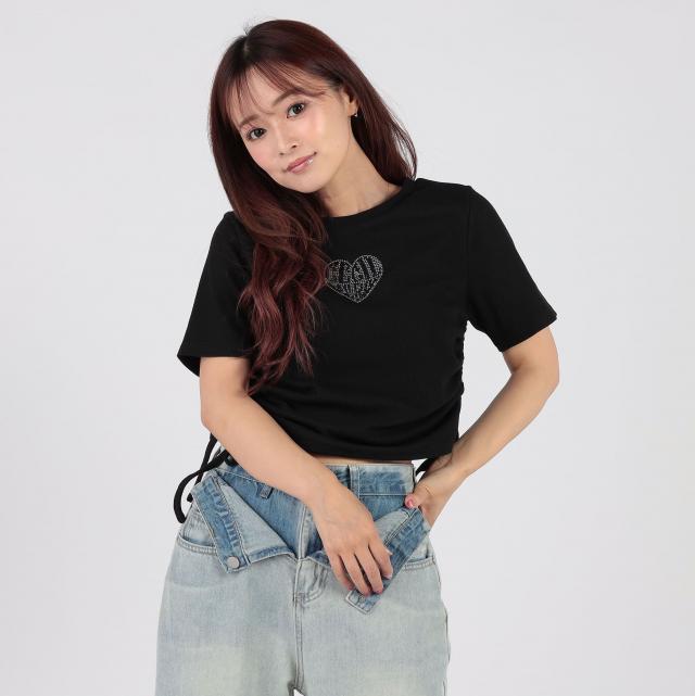 ラインストーンロゴドロストクルーネックTシャツ