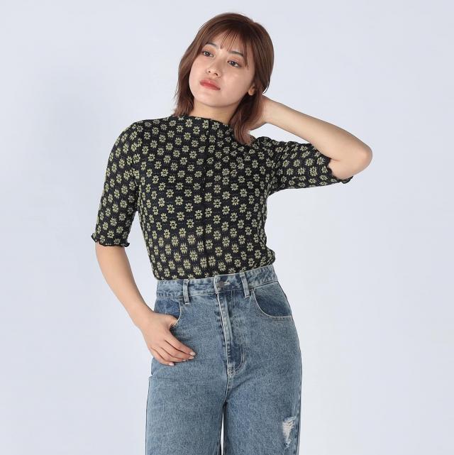 花柄ジャガードレースメロー半袖トップス