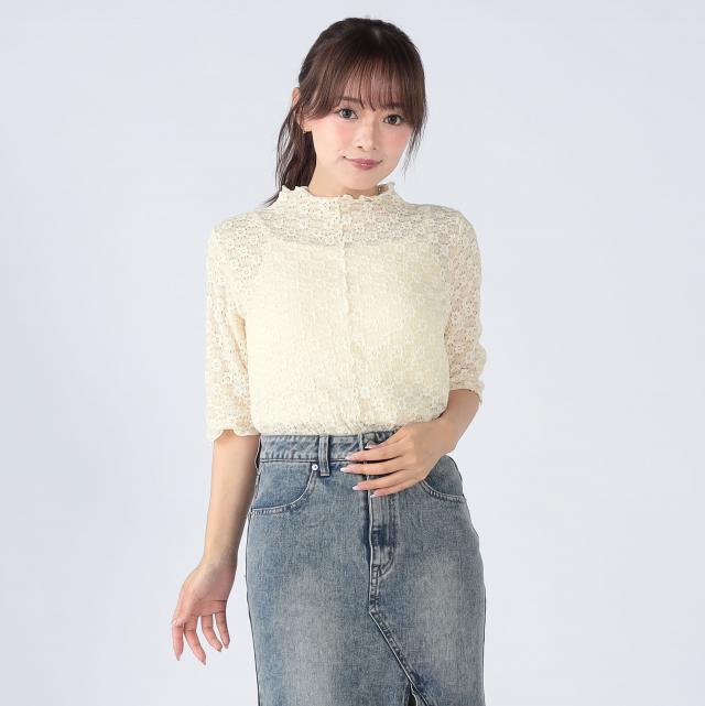 花柄ジャガードレースメロー半袖トップス