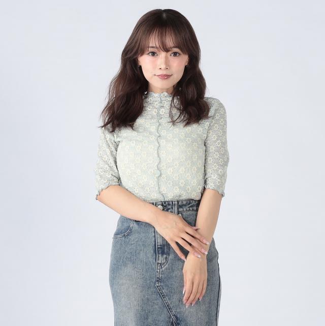 花柄ジャガードレースメロー半袖トップス