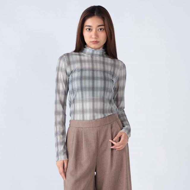 チェック柄パワーネットハイネックトップス