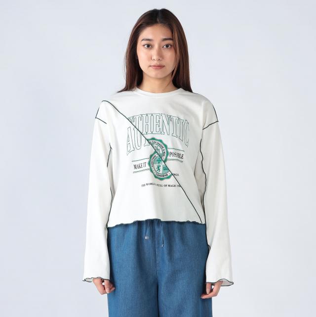 コンパクトシルエットカレッジプリント配色メロートップス