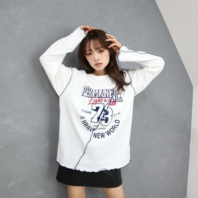 カレッジプリント配色メロートップス