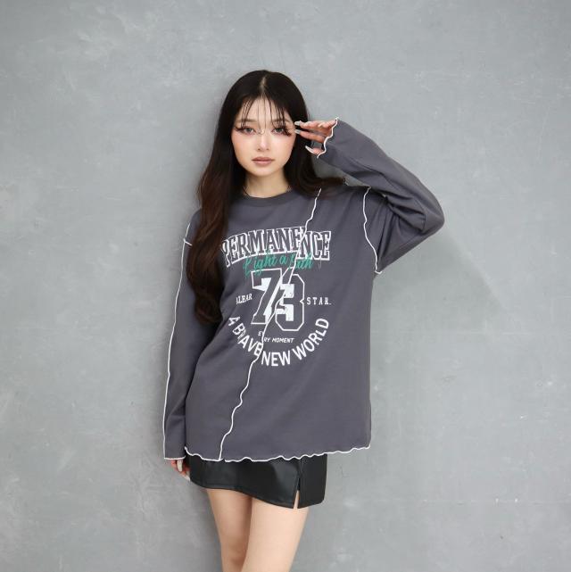 カレッジプリント配色メロートップス