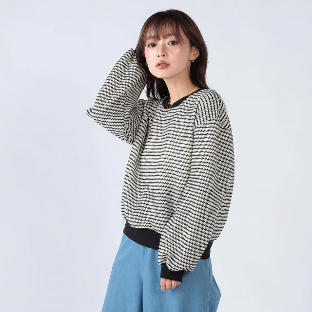 かぎ針風ボーダーゆるシルエットプルオーバー