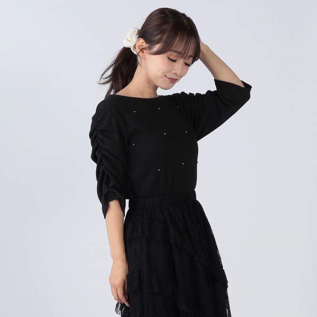 ビジュー付きパワショルトップス