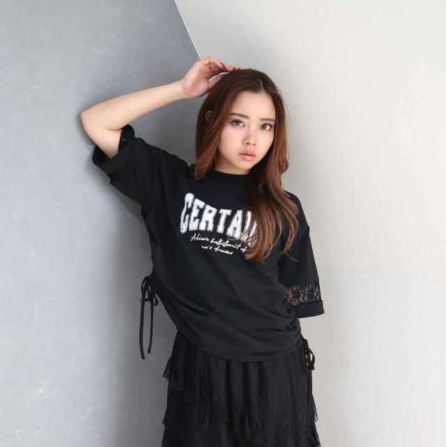 袖レース切替フロントプリントトップス