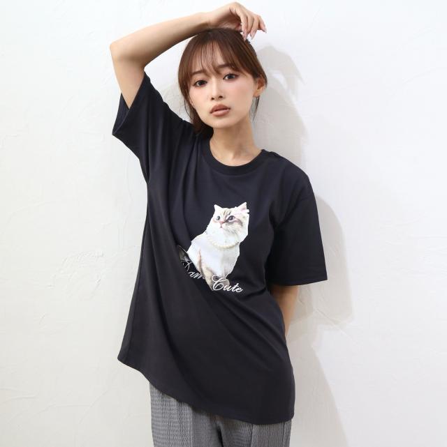 CATプリントパール・リボン付きTシャツ