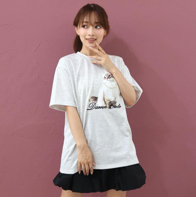 CATプリントパール・リボン付きTシャツ